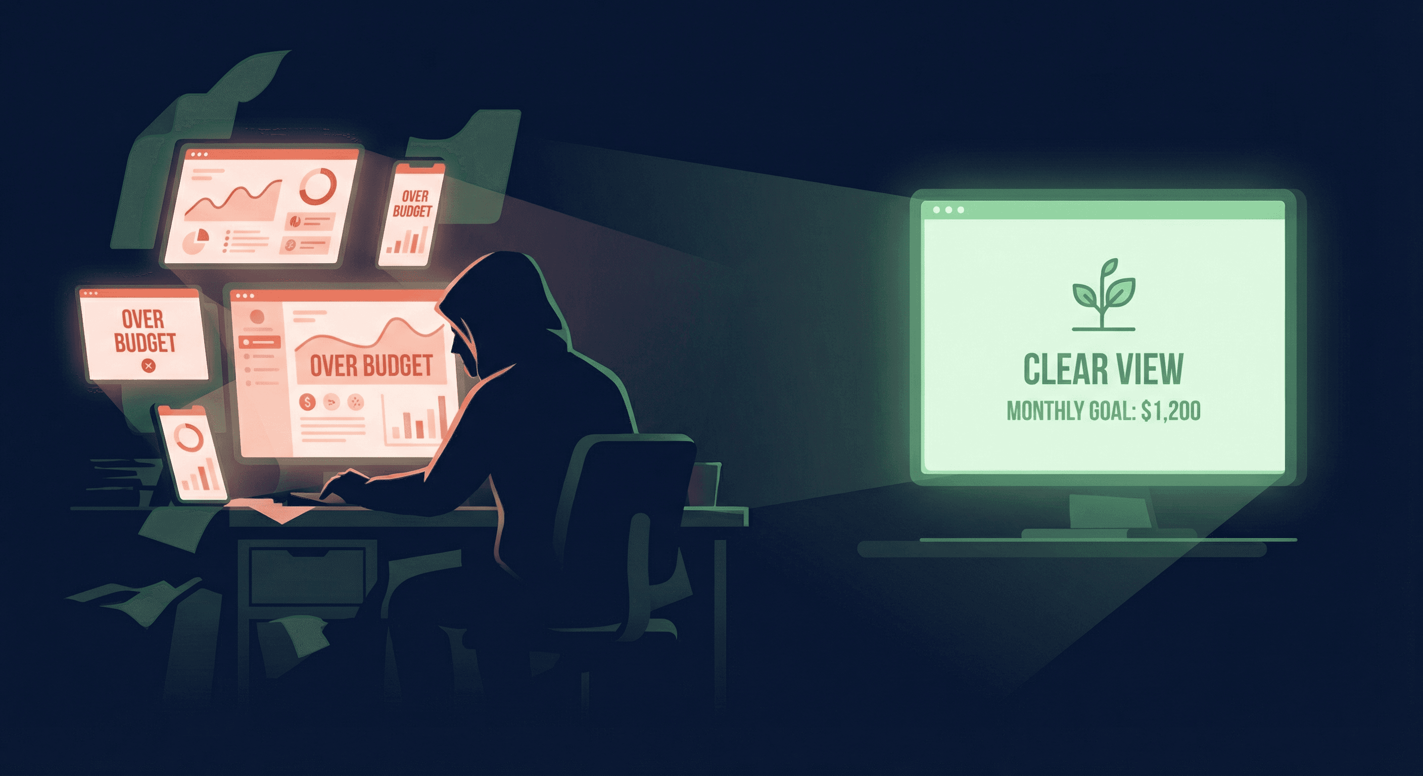 Frustrated person looking at multiple budget app screens