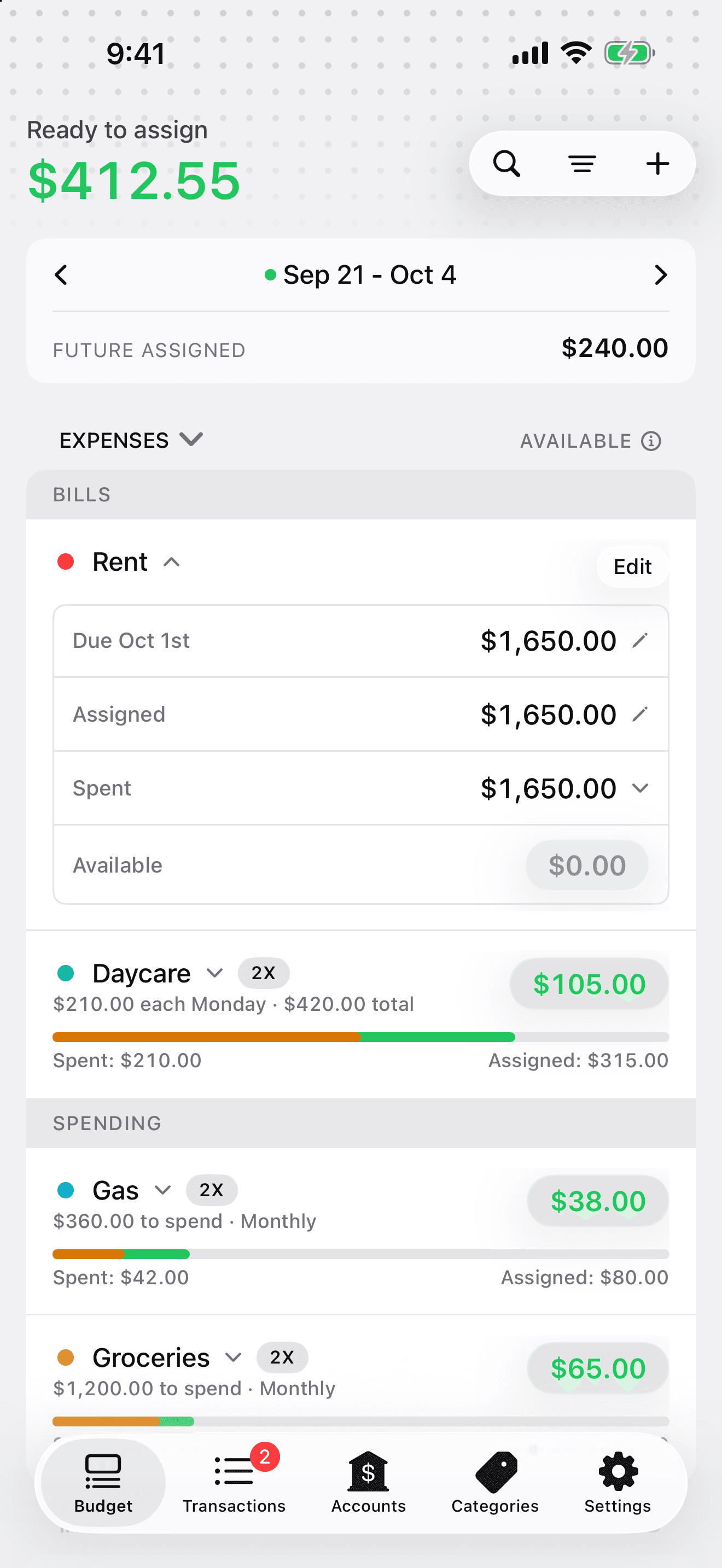 Alto’s iPhone expense detail with assigned, spent and available amounts