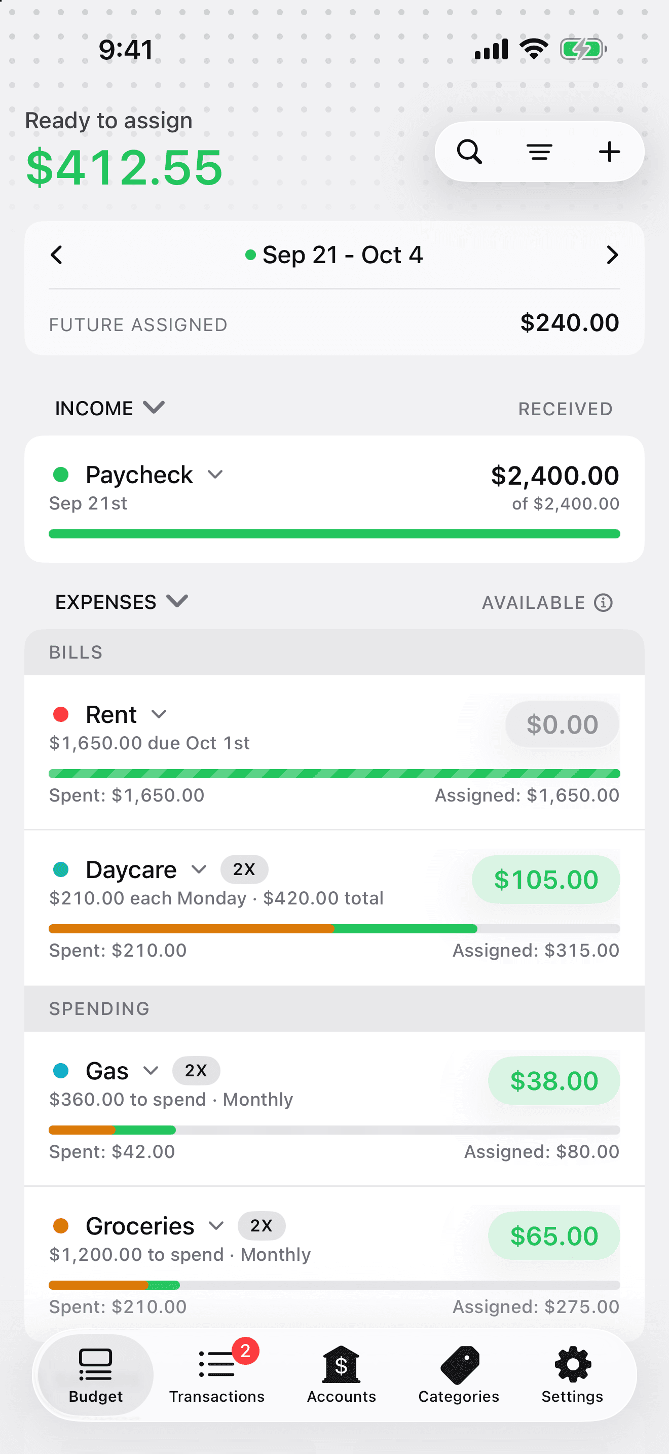 Alto’s actual iPhone budget: Ready to Assign, pay period navigation, income, expenses, and the native tab bar.