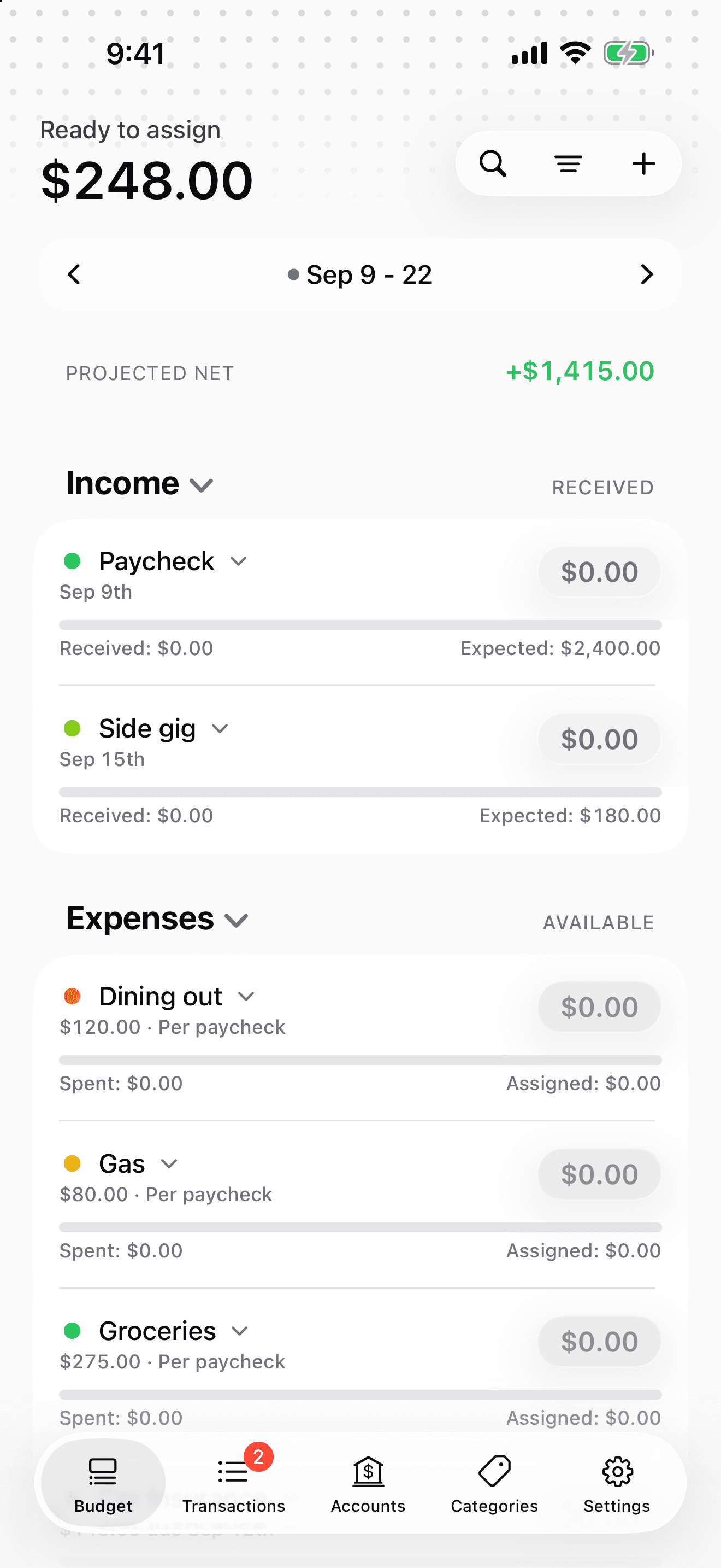 Alto’s iPhone budget showing available money and expected income