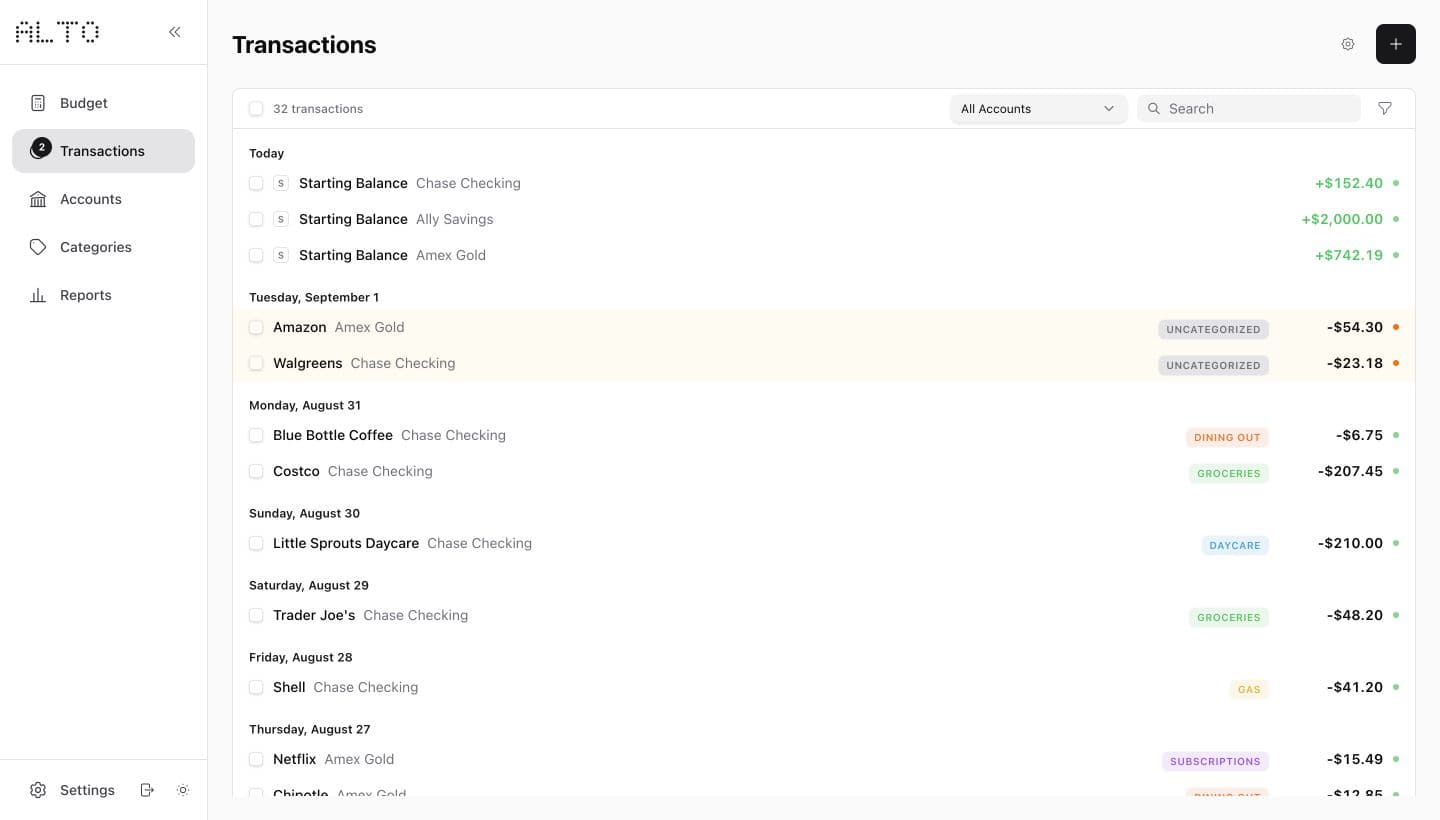 Alto’s web transaction list with accounts, categories and filters