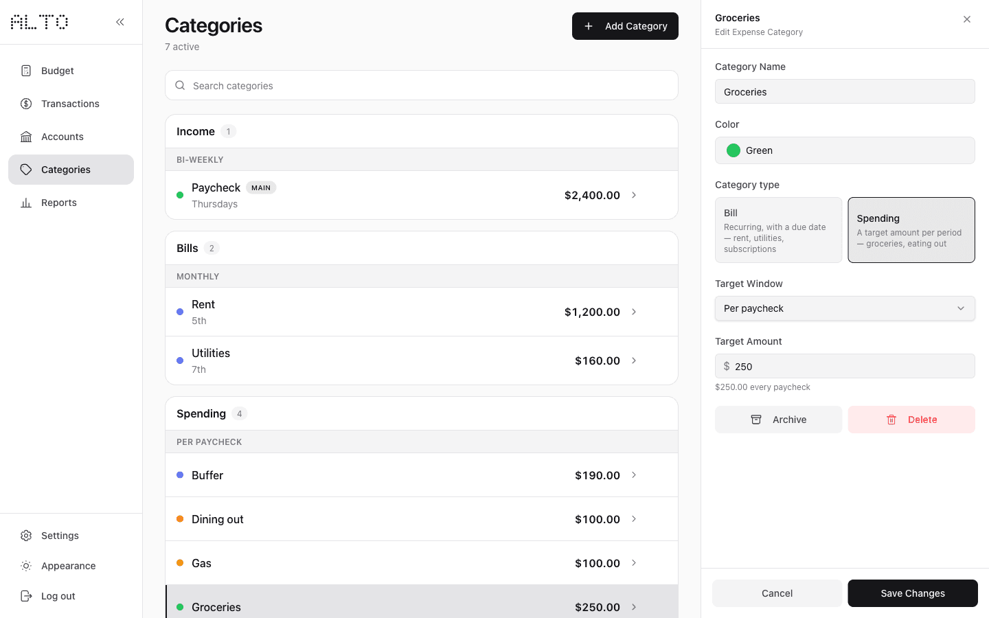 Desktop Groceries category editor with Spending, Per paycheck, and target amount $250.
