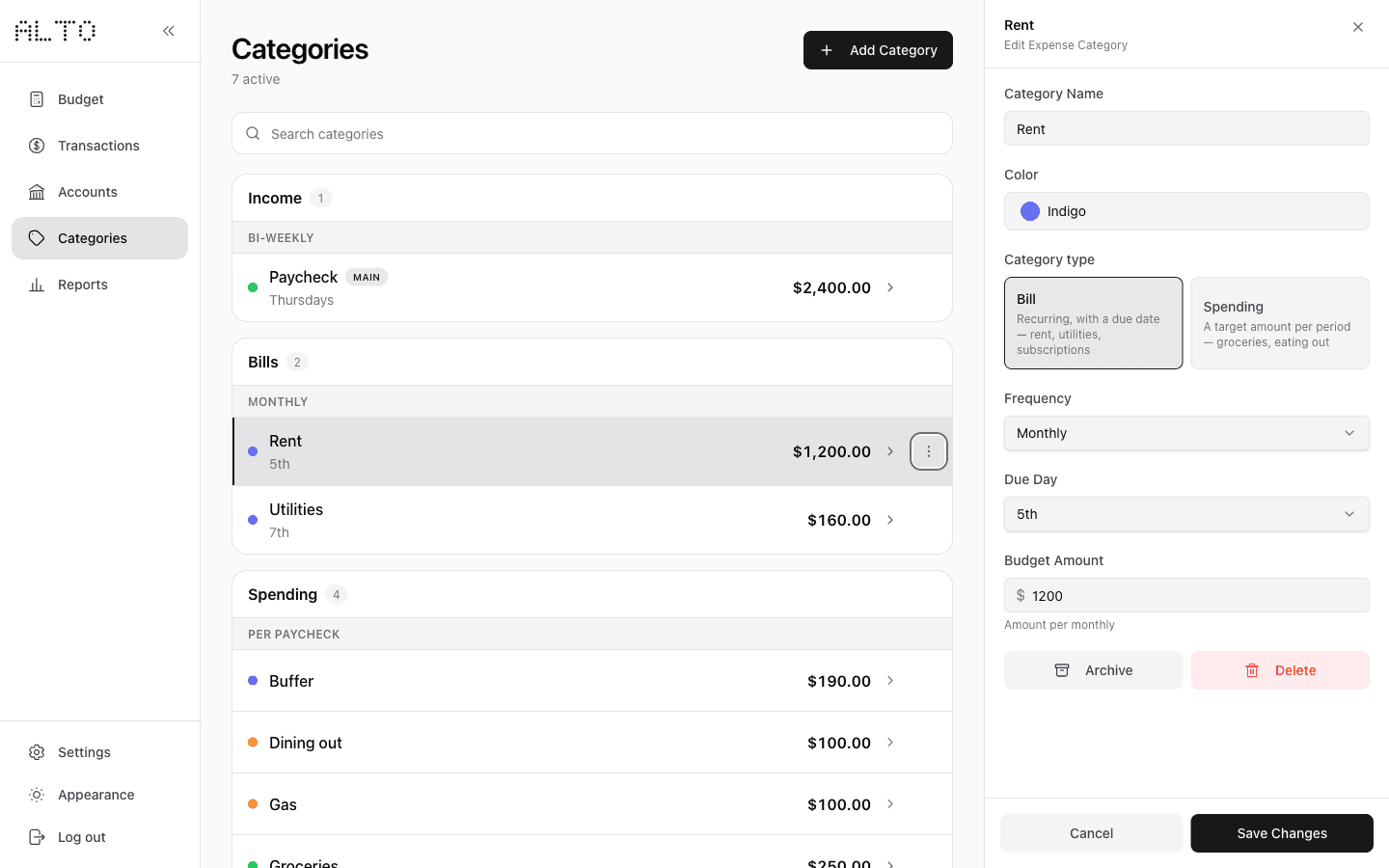 Desktop Rent category editor with Bill, Monthly, due on the 5th, and budget amount $1,200.