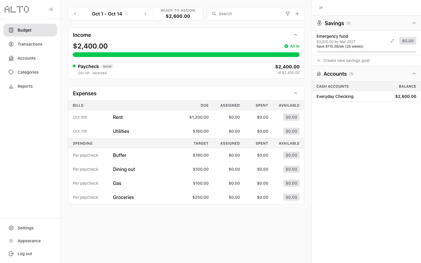 After the deposit, desktop Budget shows $2,400 received, $2,600 in Checking, and $2,600 Ready to Assign.