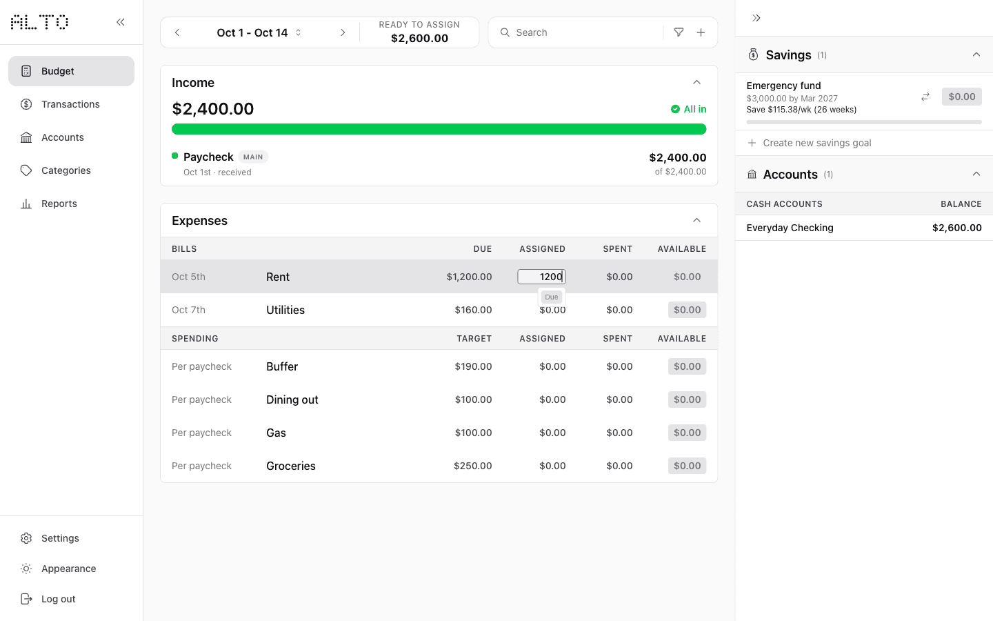 Desktop Rent Assigned input containing 1200 before committing the change.
