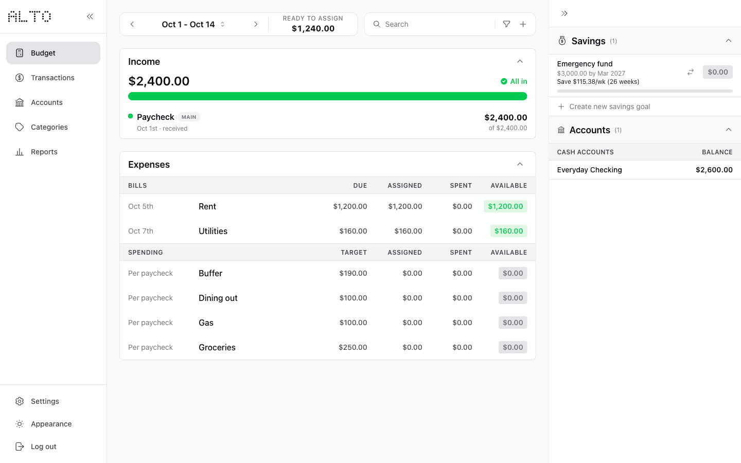Desktop Budget showing funded Rent and Utilities and $1,240 Ready to Assign.