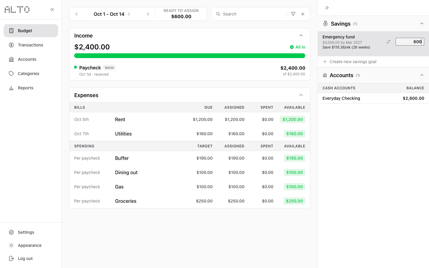 Desktop Emergency fund new balance input containing 600 before saving.