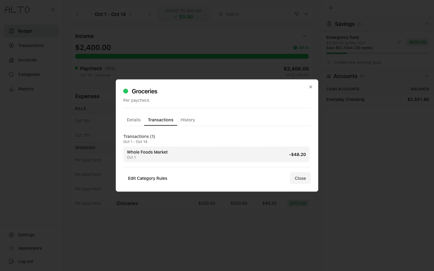 Desktop Groceries Transactions tab showing the $48.20 Whole Foods Market purchase.