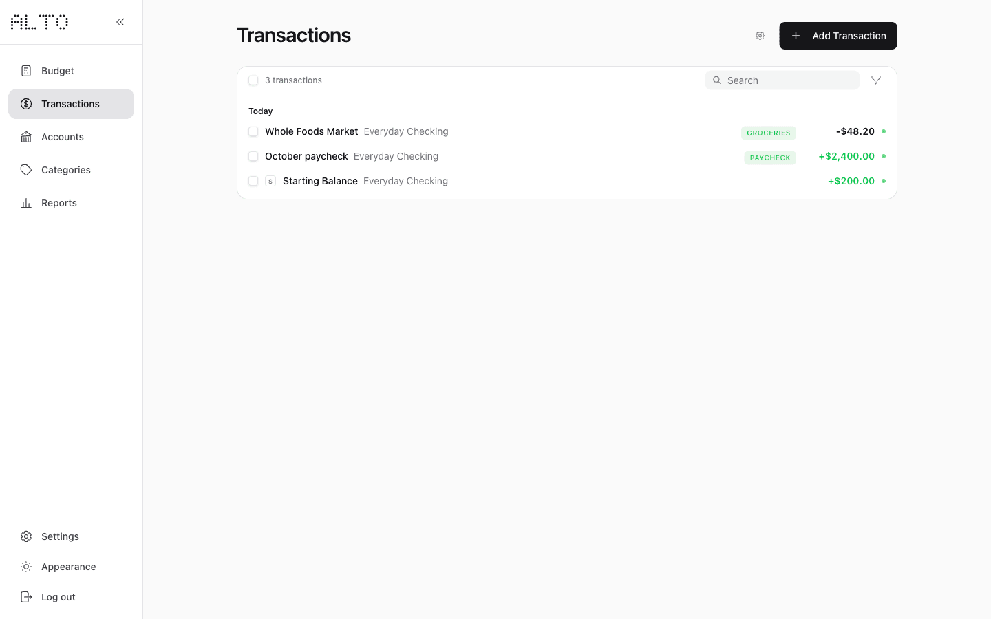 Desktop Transactions showing Whole Foods Market $48.20 labeled Groceries, the paycheck, and the starting balance.