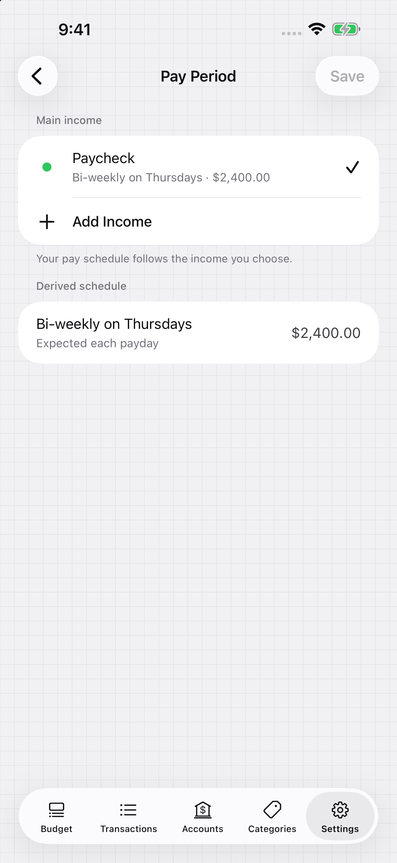 iPhone Pay Period settings with Paycheck selected as main income and a biweekly Thursday schedule for $2,400.