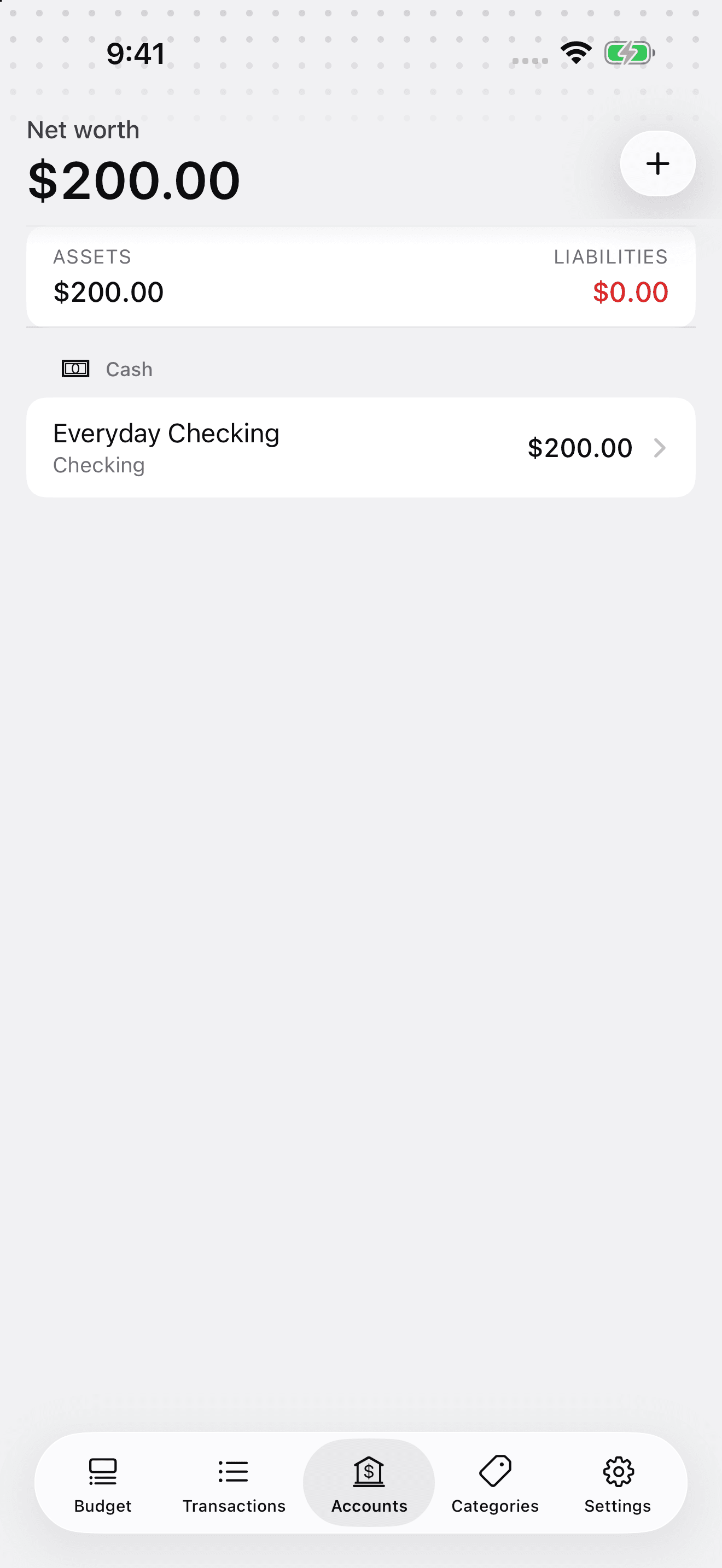 iPhone Accounts showing Everyday Checking with a $200 starting balance and no liabilities.