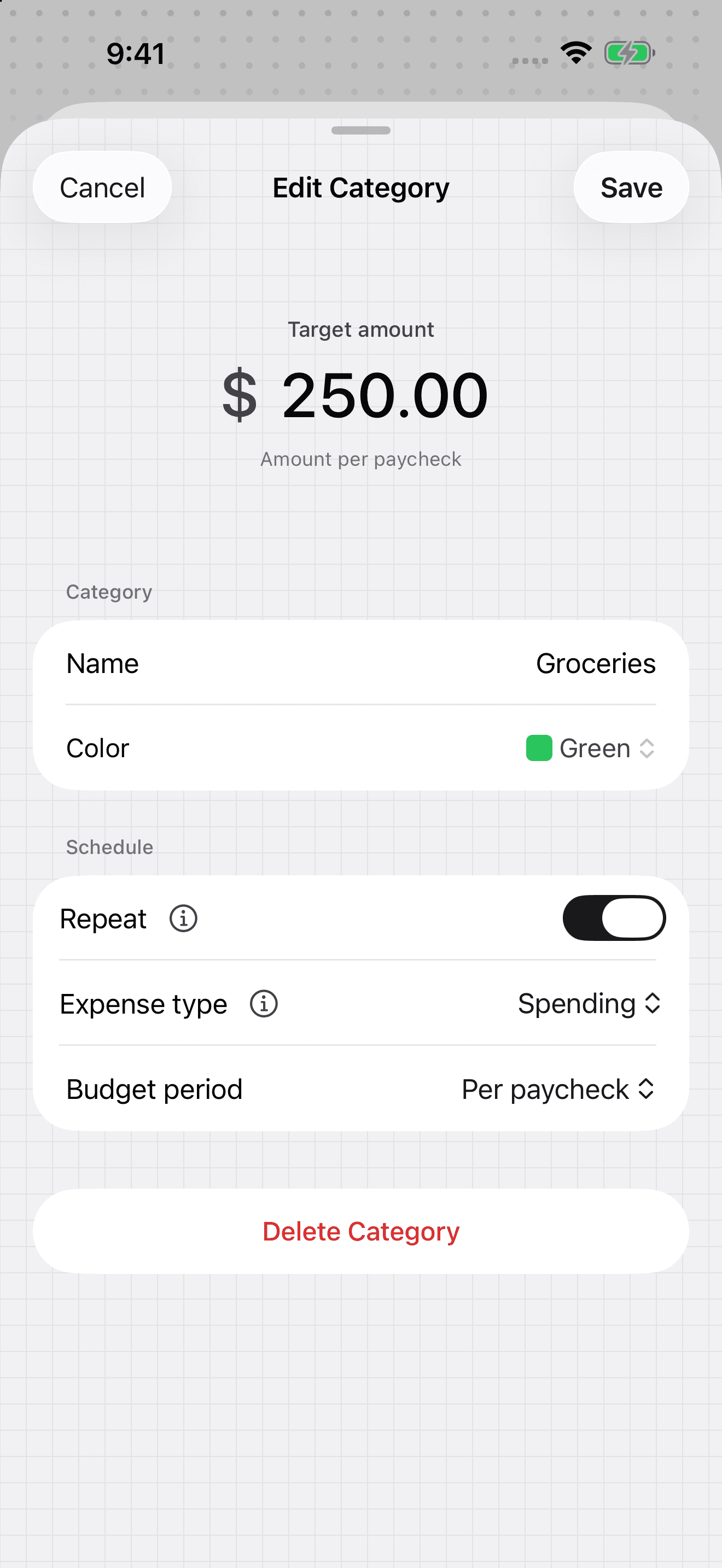 iPhone Groceries editor showing a $250 spending target per paycheck.