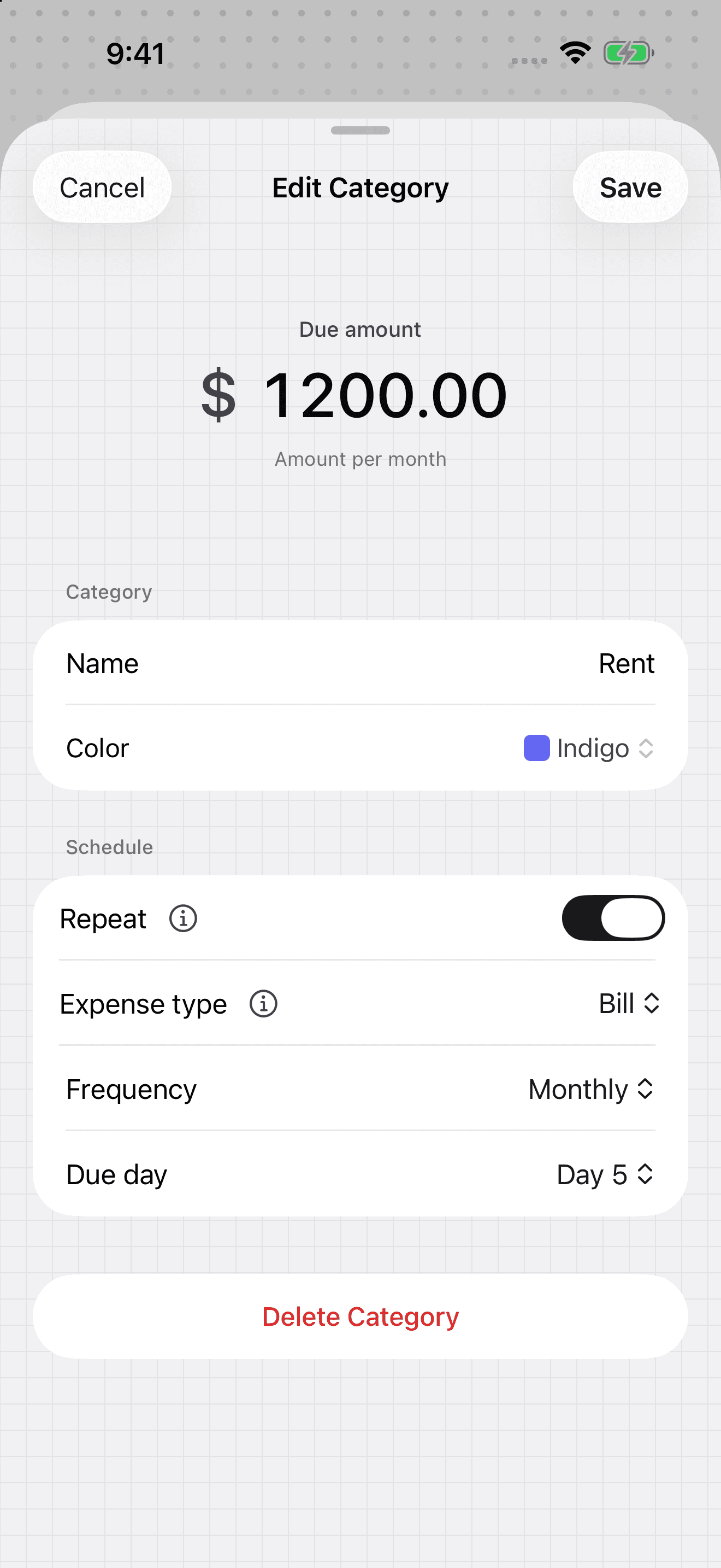 iPhone Rent editor showing $1,200 due monthly on Day 5 with expense type Bill.