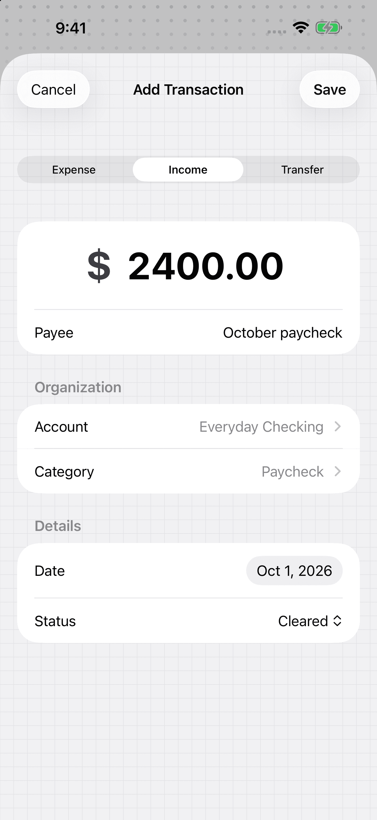 iPhone Add Transaction form for a $2,400 cleared income deposit into Everyday Checking categorized as Paycheck.