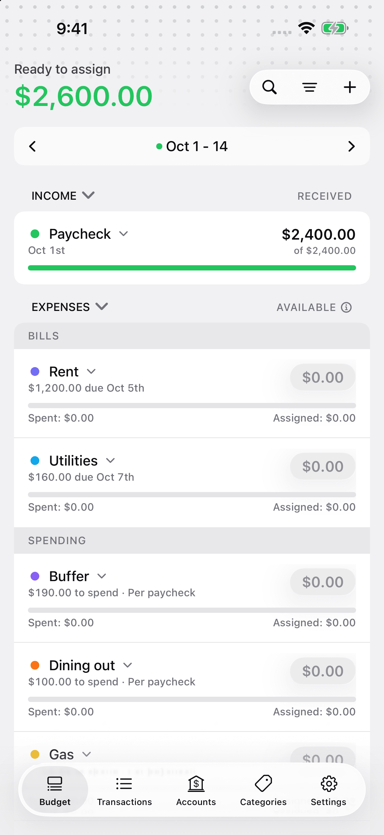 After the deposit, iPhone Budget shows $2,400 received and $2,600 Ready to Assign.
