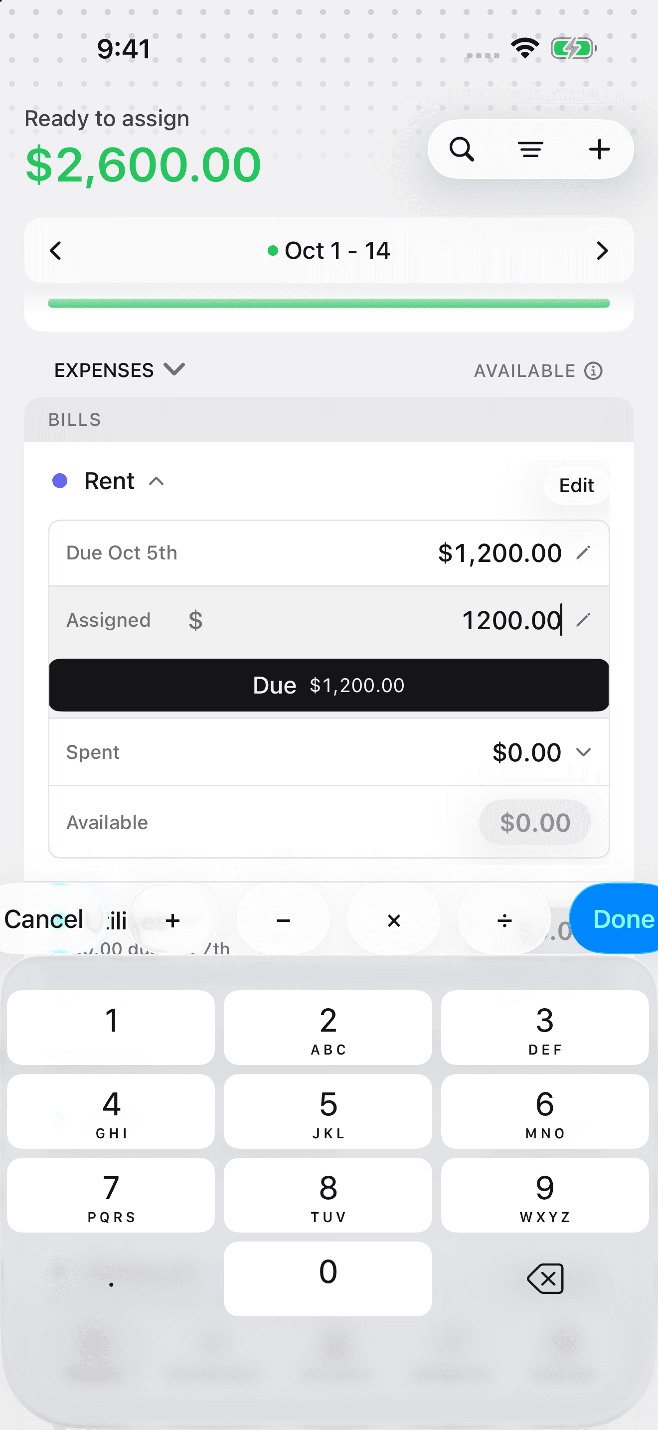 iPhone expanded Rent with $1,200 being entered into Assigned and the Due shortcut visible.
