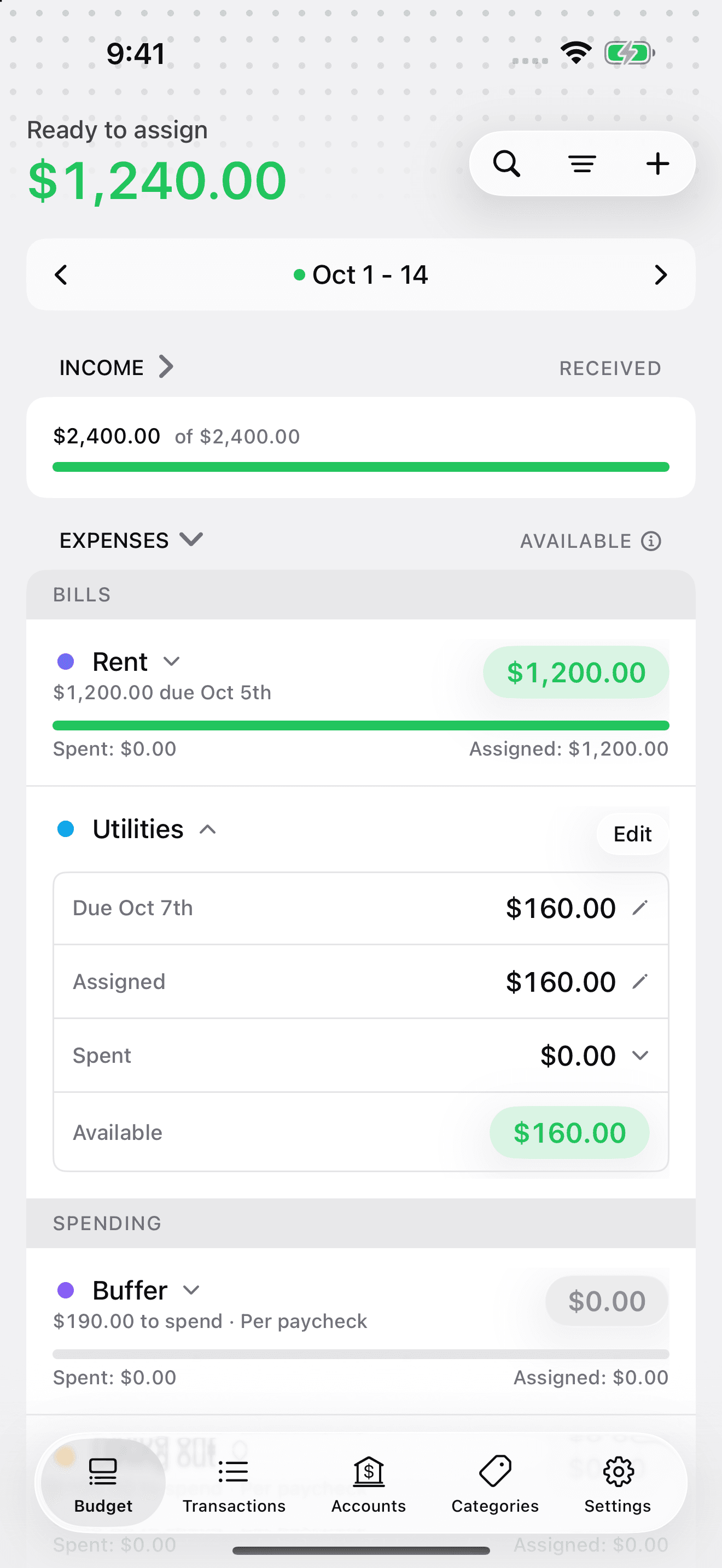 iPhone Budget with Rent funded at $1,200 and Utilities expanded to show $160 Assigned, $0 Spent, and $160 Available, with $1,240 Ready to Assign.