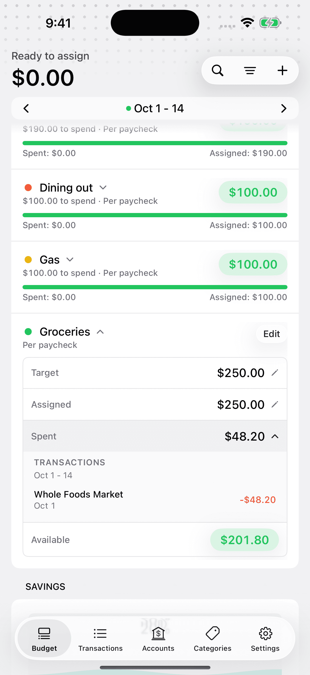 iPhone Groceries with Spent expanded to show Whole Foods Market $48.20 and Available $201.80.