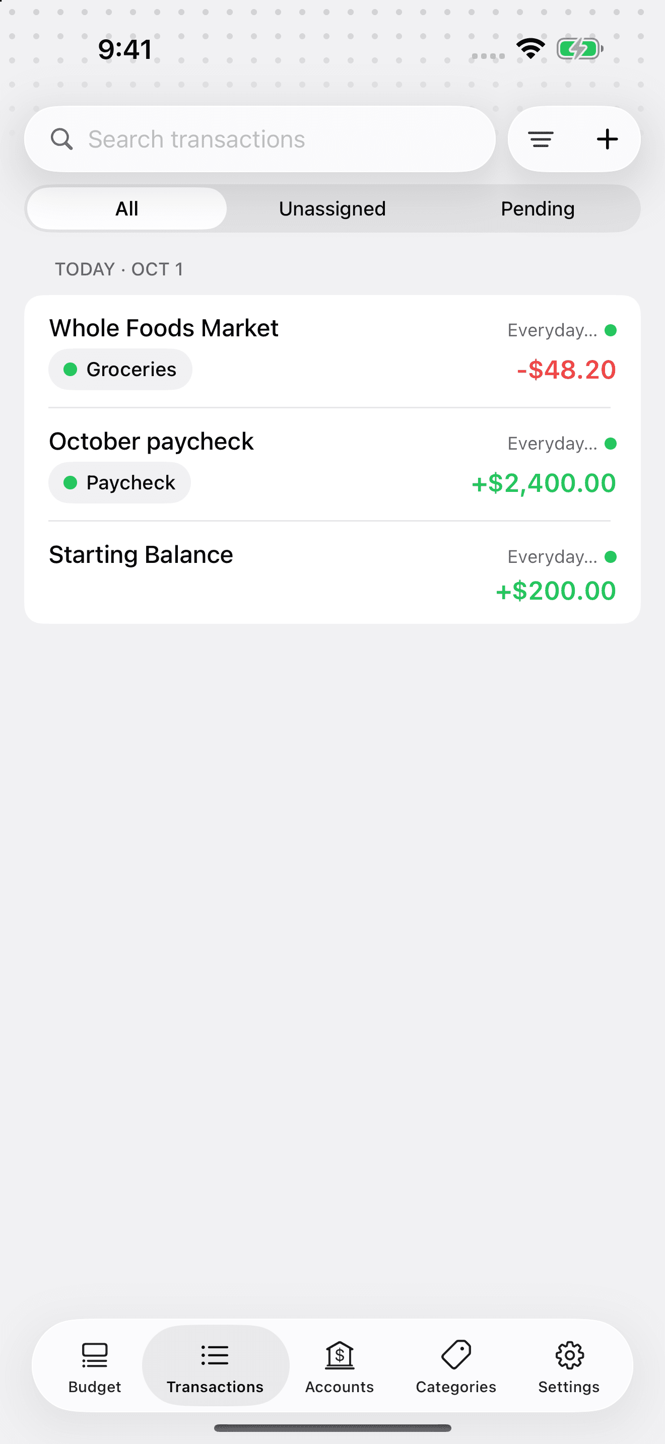 iPhone Transactions with a $48.20 Whole Foods Market expense categorized as Groceries.