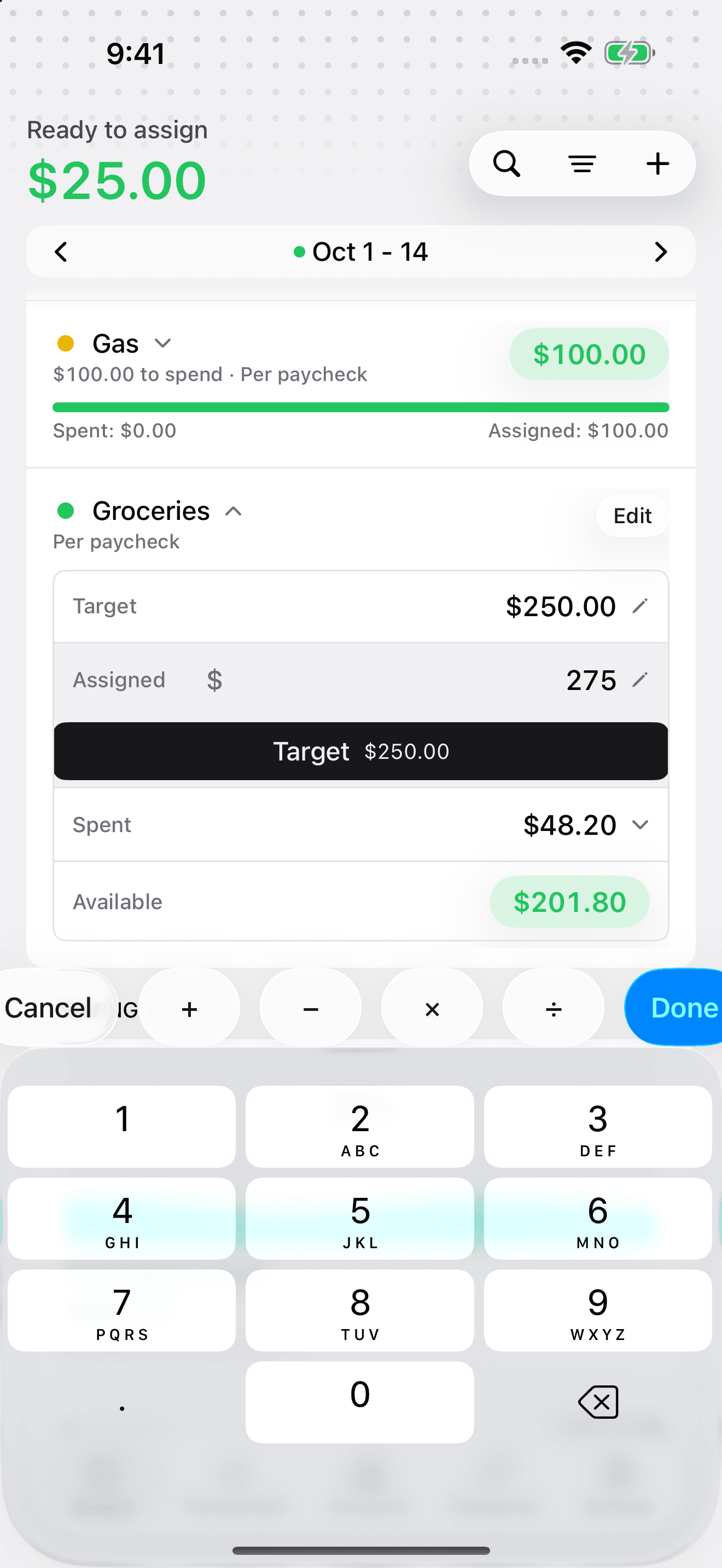 iPhone Groceries Assigned being changed to 275 with $25 Ready to Assign after reducing Dining out.