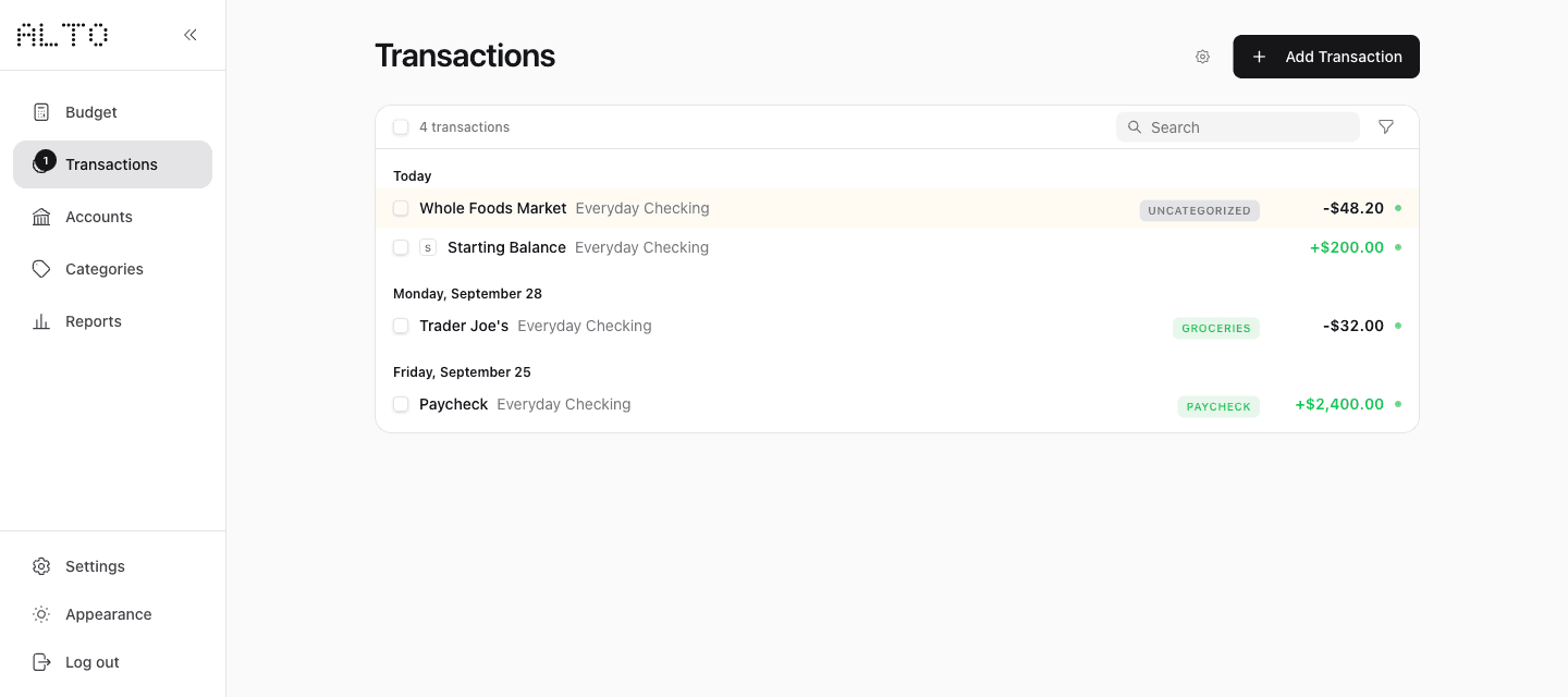 Desktop Transactions showing an uncategorized $48.20 Whole Foods Market purchase in Everyday Checking.