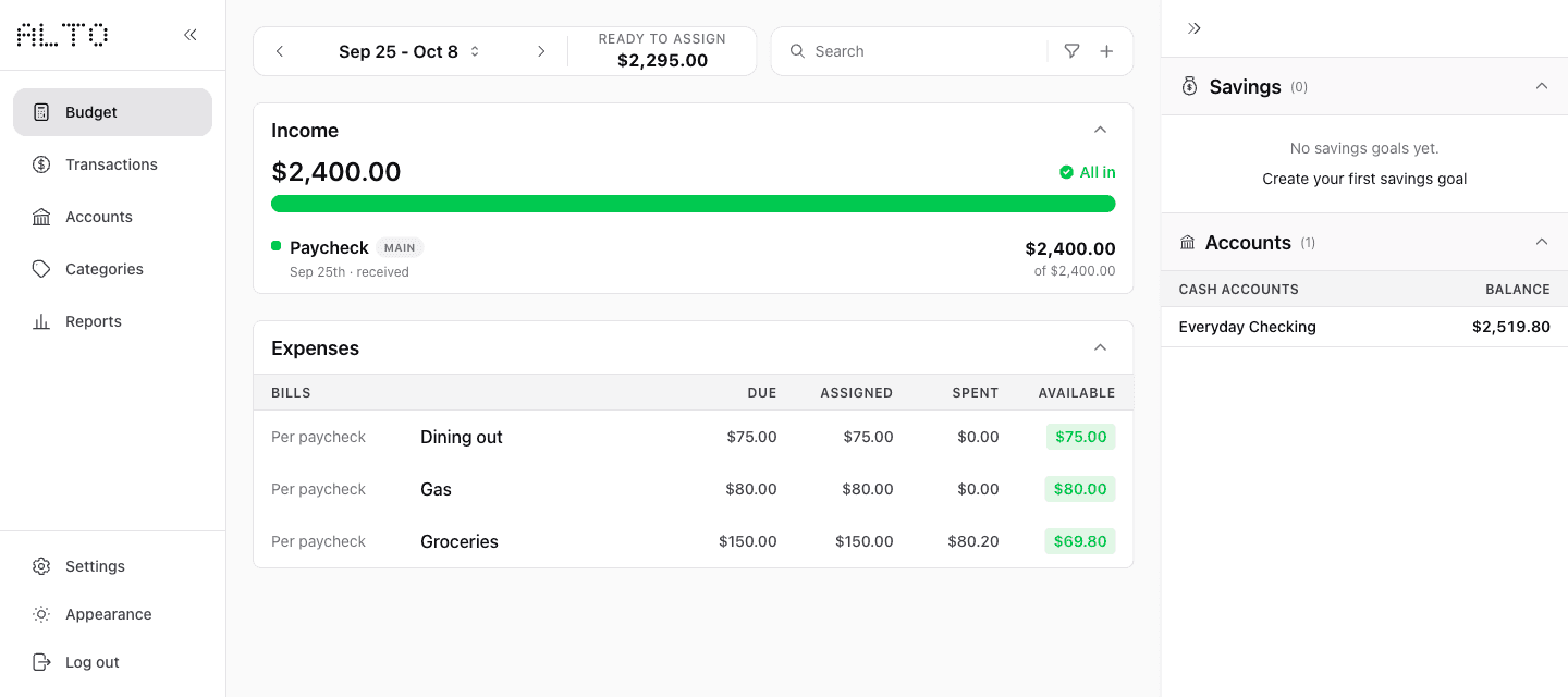 Desktop Budget showing Groceries with $150 assigned, $80.20 spent, and $69.80 available.
