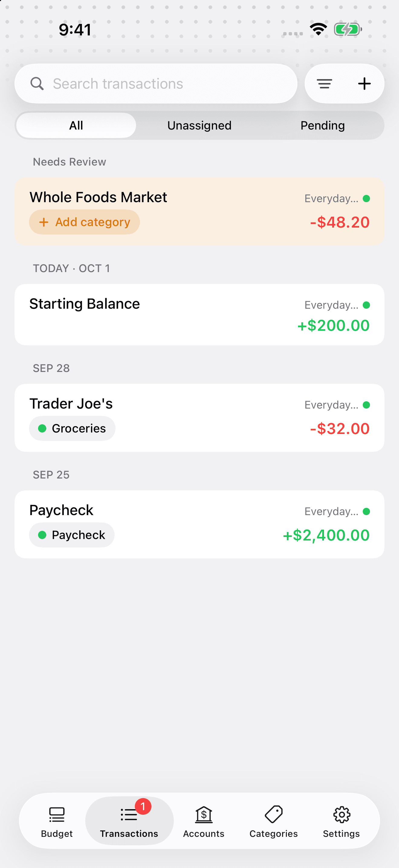 iPhone Transactions showing an uncategorized $48.20 Whole Foods Market purchase in Everyday Checking.