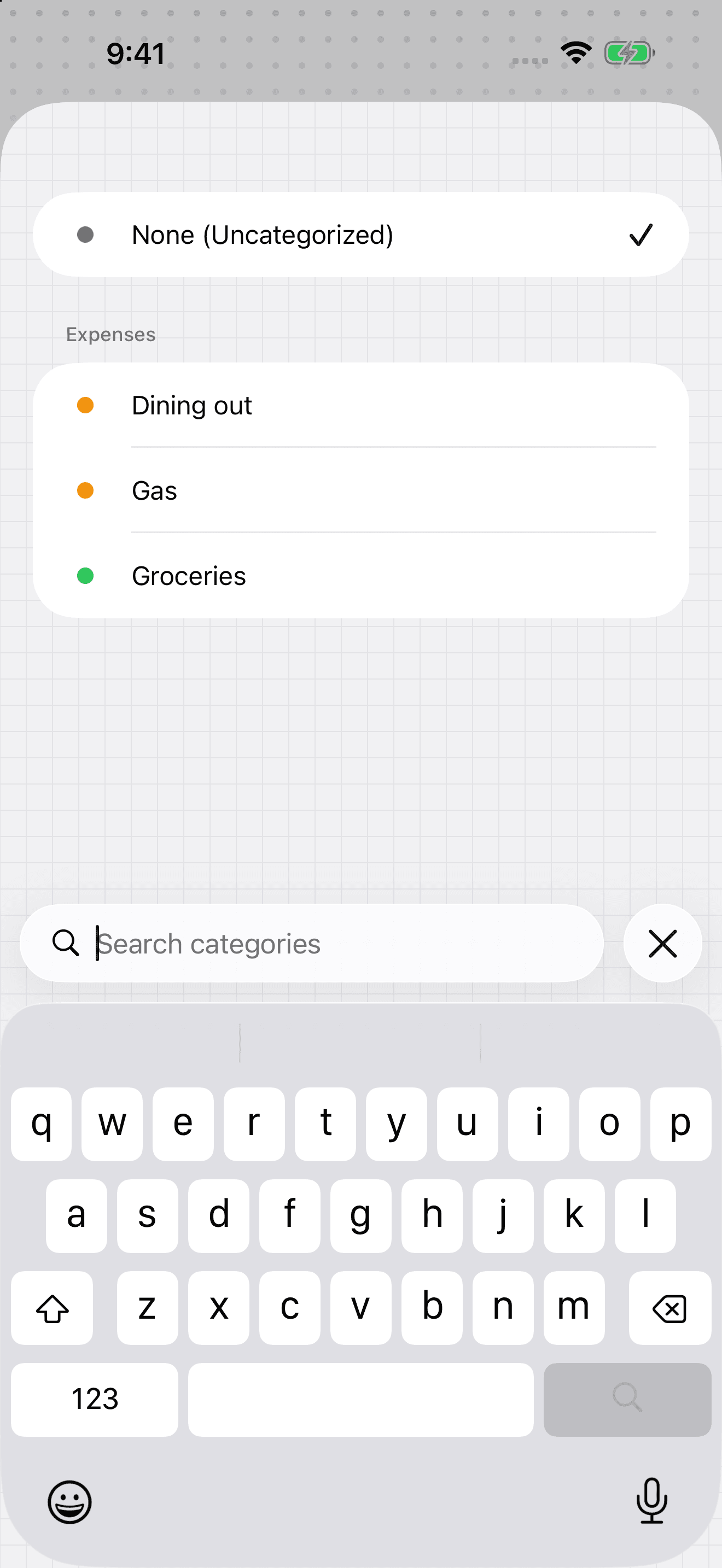 iPhone category picker showing Groceries among the expense categories.