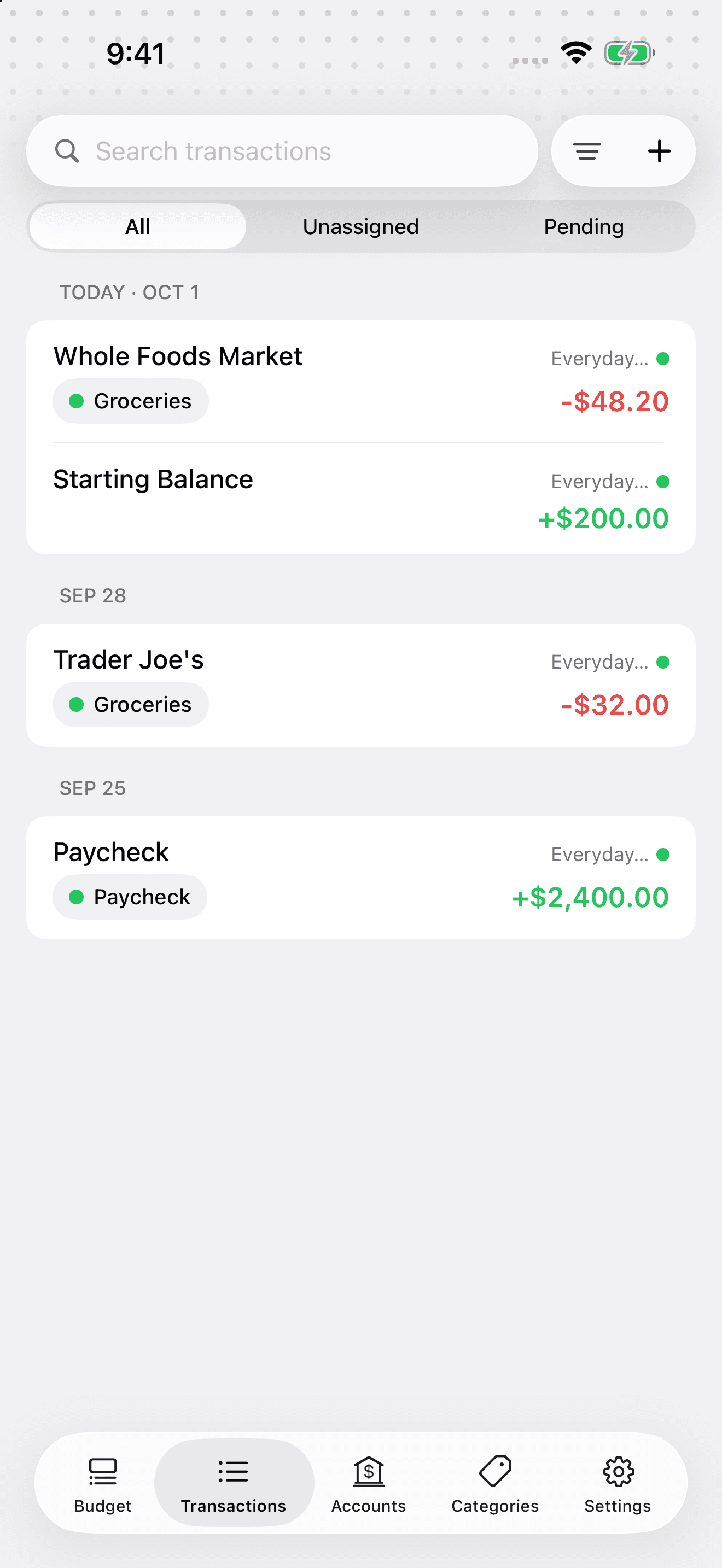 The same Whole Foods Market purchase now labeled Groceries on iPhone.