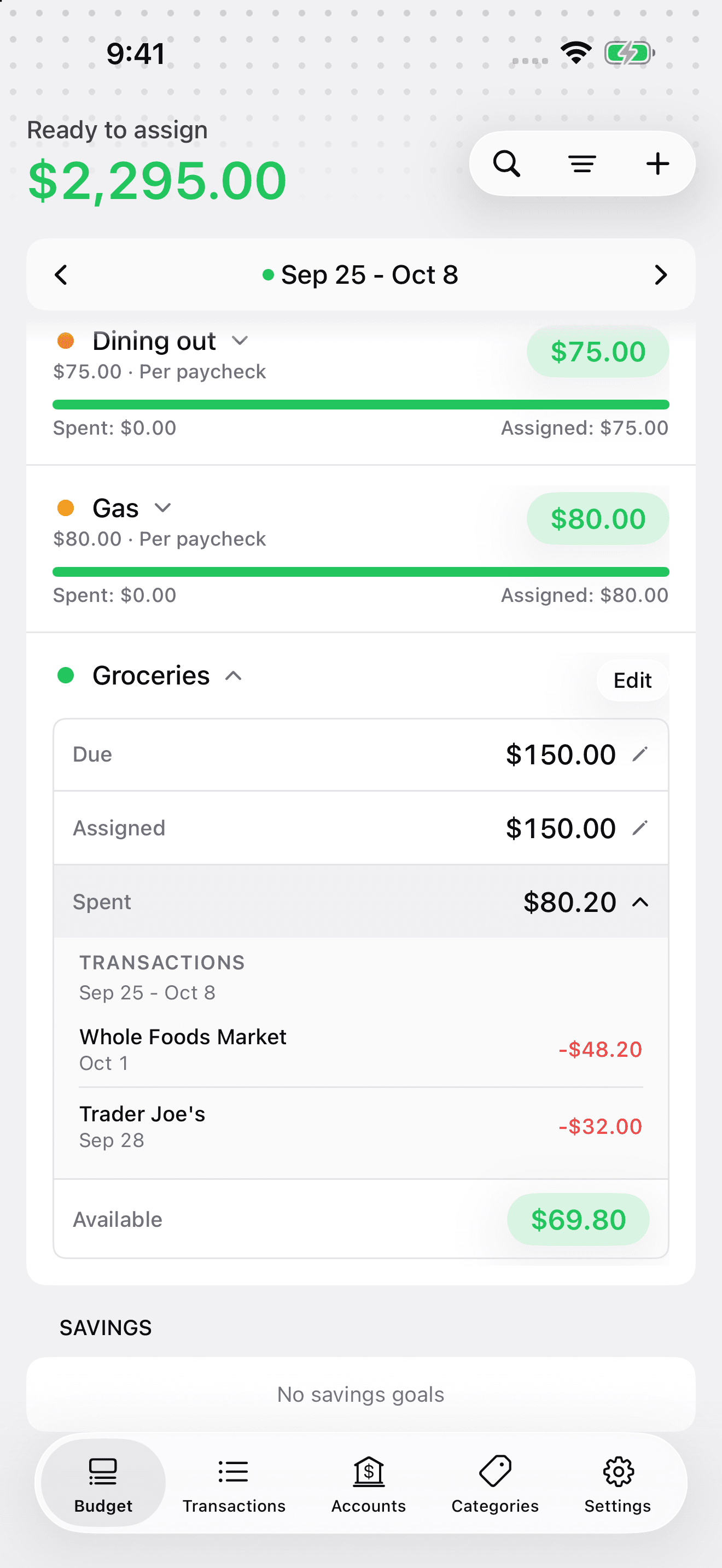 iPhone Groceries budget with Spent expanded, showing the $48.20 Whole Foods Market purchase and earlier $32 Trader Joe’s purchase, with $69.80 available.